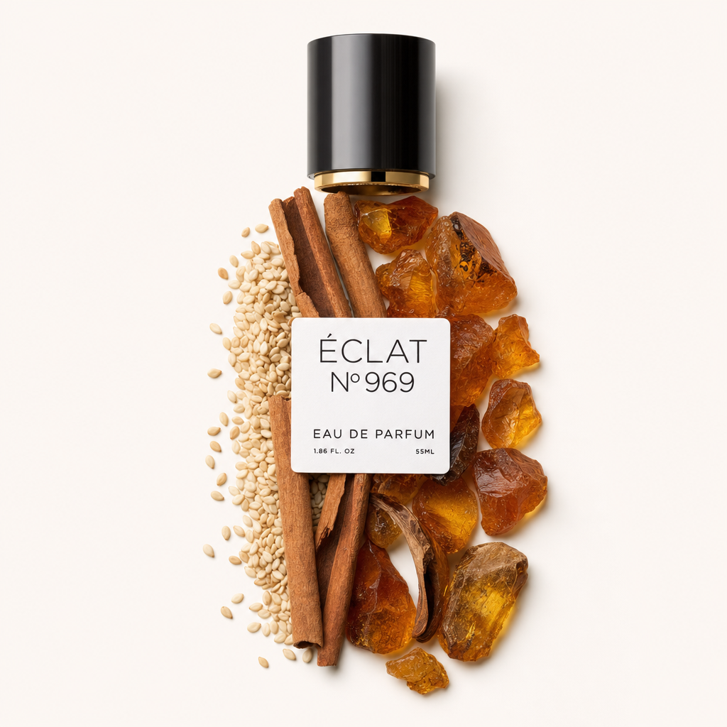 An arrangement of cinnamon sticks, amber resin pieces, and sesame seeds surrounds a black cap with a label for ÉCLAT Amber & Cinnamon Honey.