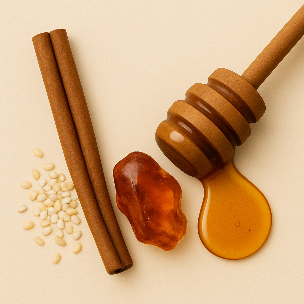 Two cinnamon sticks, amber resin, a honey dipper with honey, and small white seeds on a beige background.