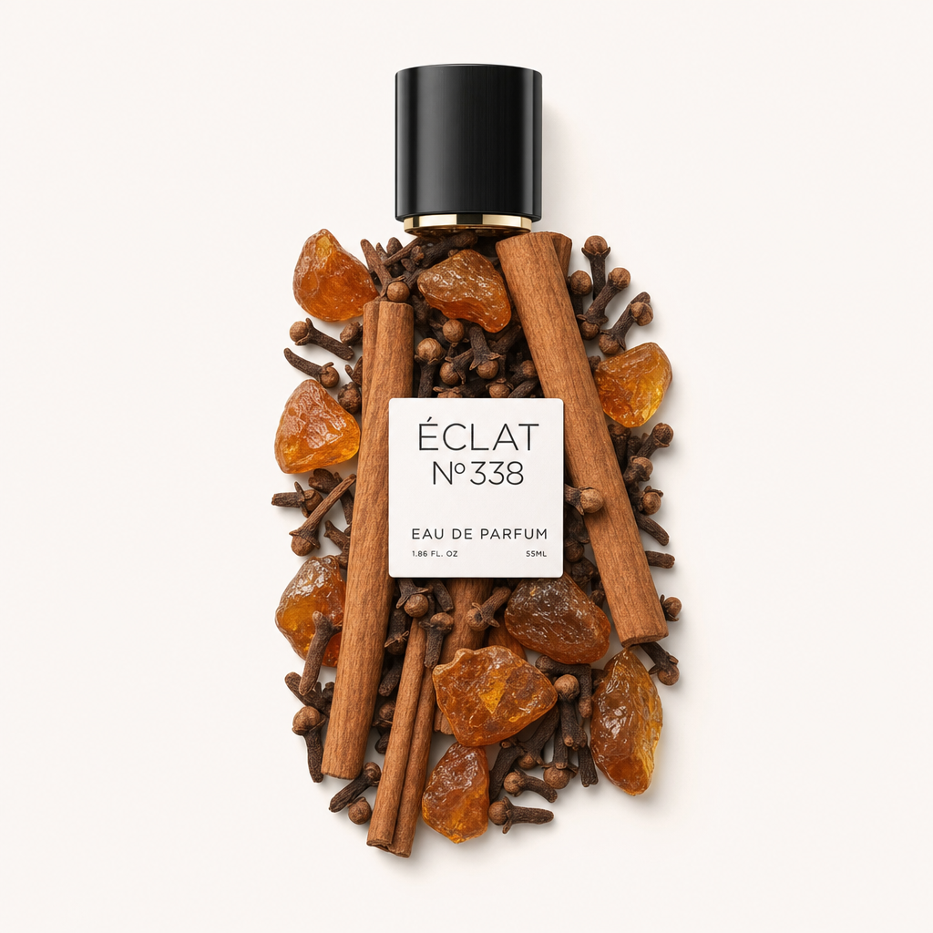 Um arranjo de cravinhos, pedras de âmbar e paus de canela forma-se em torno da tampa preta com rótulo ÉCLAT Amber & Spices.