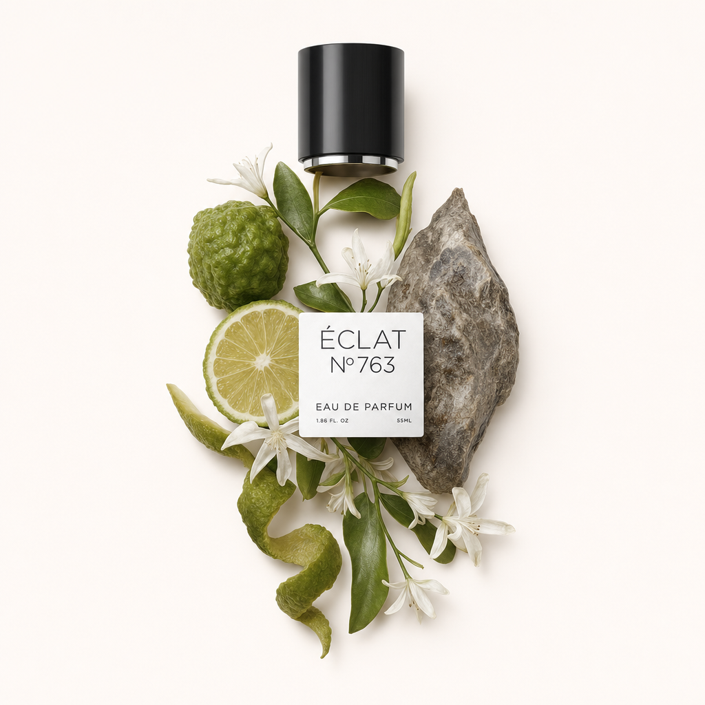 Un arrangement de bergamote, tranches de citron vert, feuilles vertes et petites fleurs blanches entoure un capuchon noir avec étiquette ÉCLAT Ambergris & Bergamot.