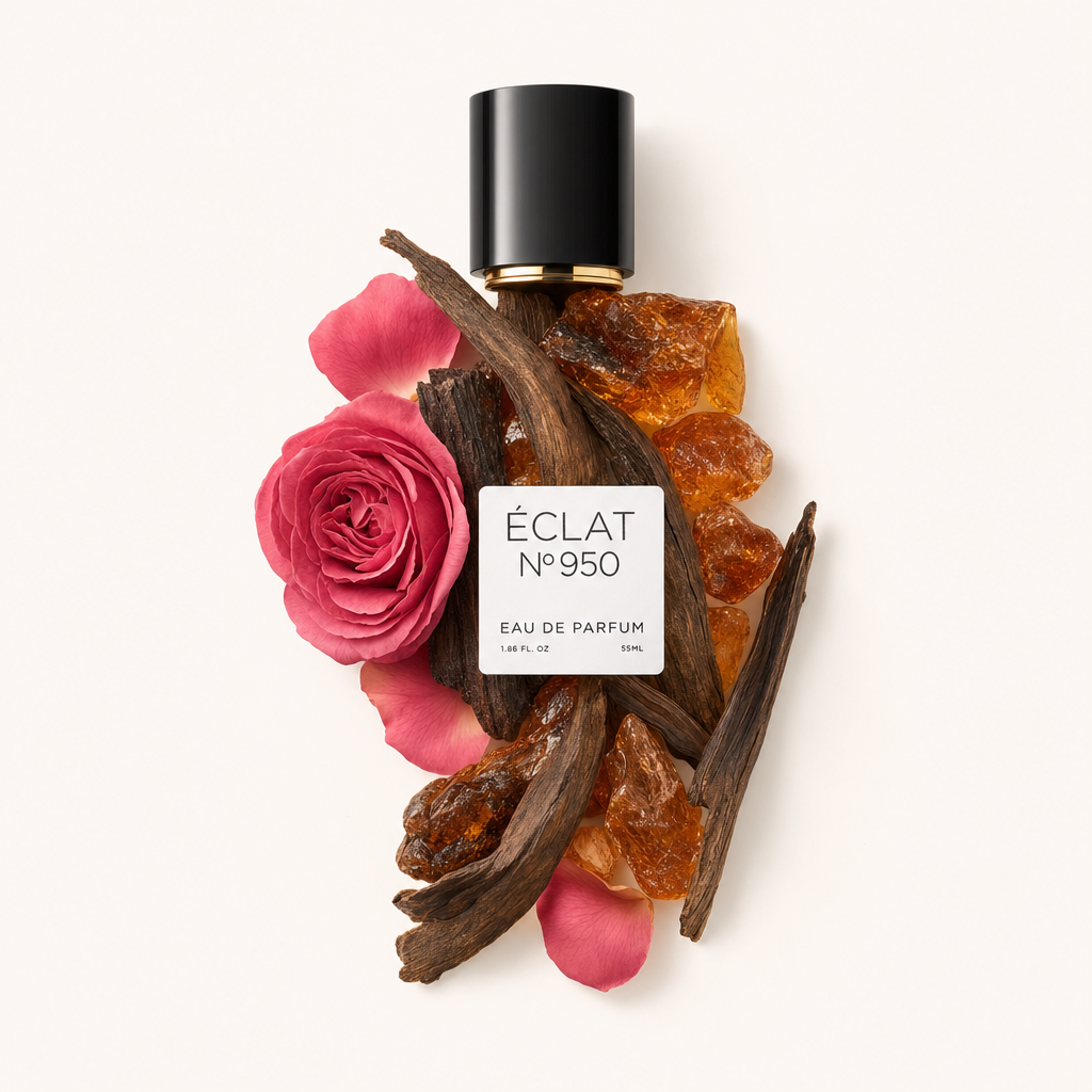Borostyángyanta, oud fa és rózsaszín rózsa szirommal rendezve egy fekete kupak körül, ÉCLAT Ambergris & Oud címkével.