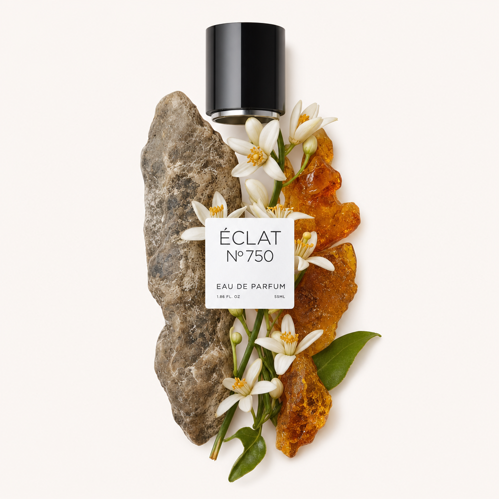 Un arrangement d'ambre, de fleurs blanches et d'une pierre texturée, accompagné d'un capuchon noir avec l'étiquette ÉCLAT Ambergris & Whiskey.