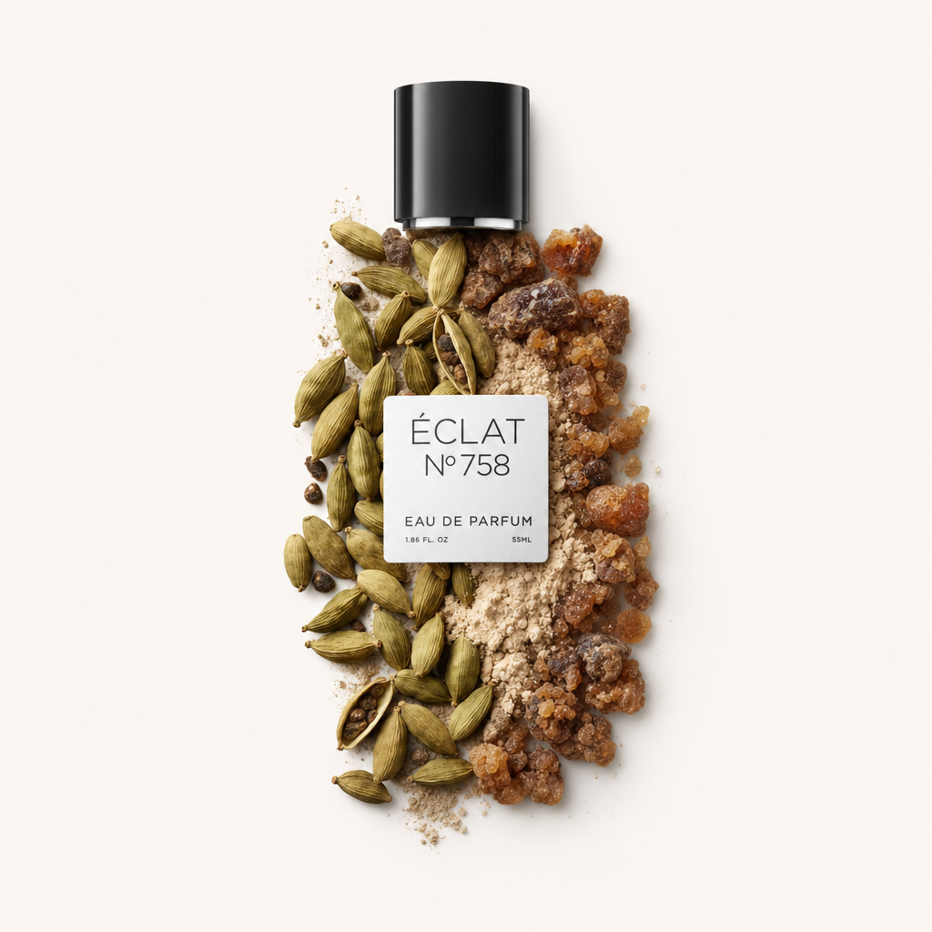 Un arrangement de gousses de cardamome et de résines d'ambre entoure le bouchon noir original avec l'étiquette ÉCLAT Ambery Cardamom.