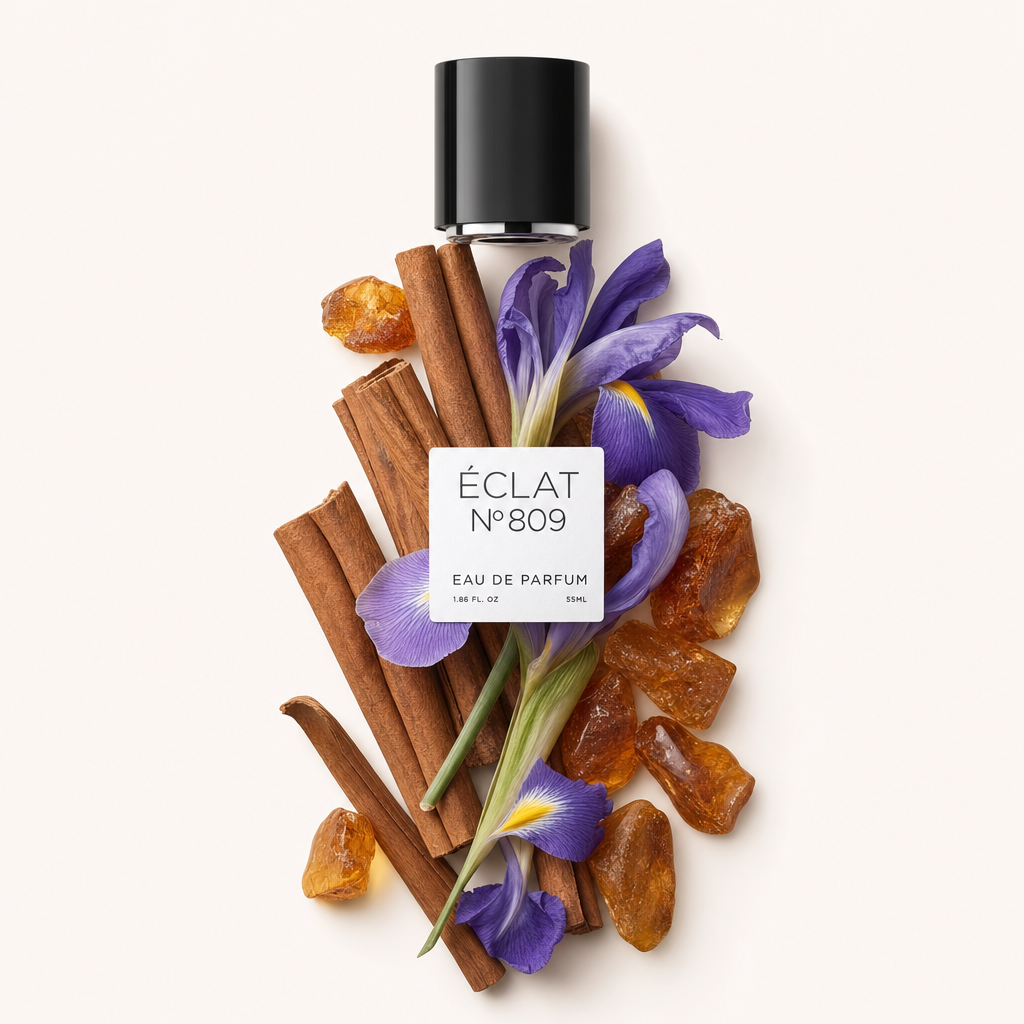 Un arrangement de bâtons de cannelle, morceaux d'ambre et fleurs d'iris violet entourant un bouchon noir avec étiquette pour ÉCLAT Ambery Cinnamon.