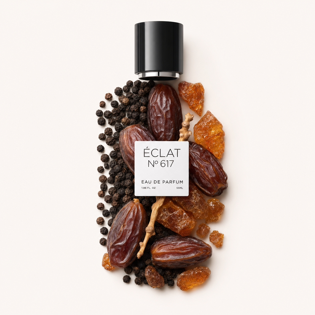 A meticulously arranged still life features dates, black peppercorns, amber-like resins, and twigs surrounding a black cap labeled ÉCLAT 617 RAR.