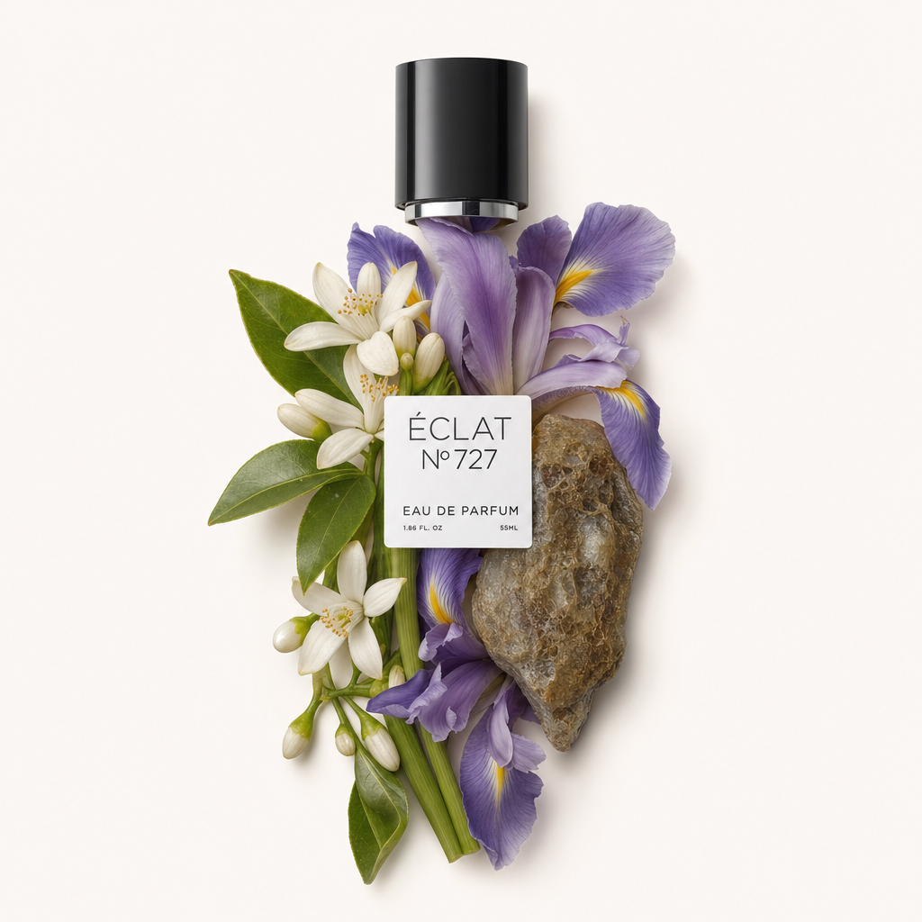 Un arrangement de fleurs d'iris, de fleurs d'oranger, de feuilles vertes et d'une pierre complète le capuchon noir avec l'étiquette d'ÉCLAT Ambery Iris.