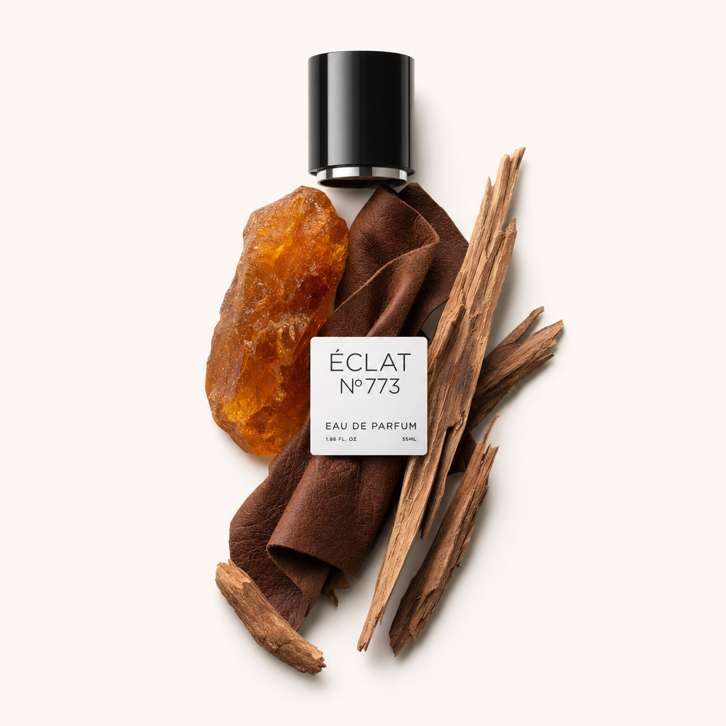 Une composition de résine d'ambre, cuir brun riche et bâtons de bois avec le bouchon et l'étiquette ÉCLAT Ambery Leather au-dessus.