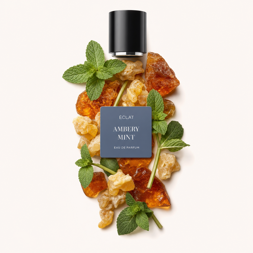 An arrangement of mint leaves and amber resin surrounding the original black cap with a label for ÉCLAT Ambery Mint.