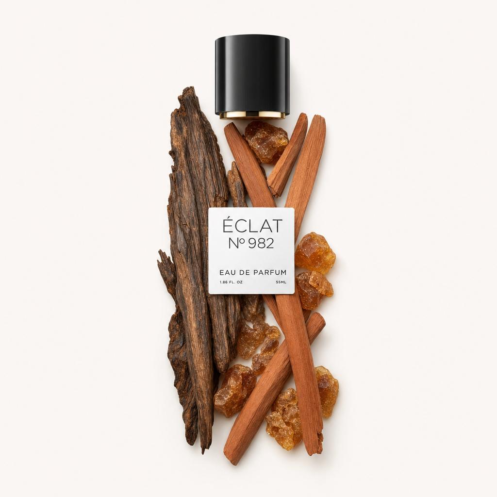 Un arreglo de madera de oud, cristales de ámbar y palos de sándalo rodea una tapa negra con etiqueta, representando ÉCLAT Ambery Oud.
