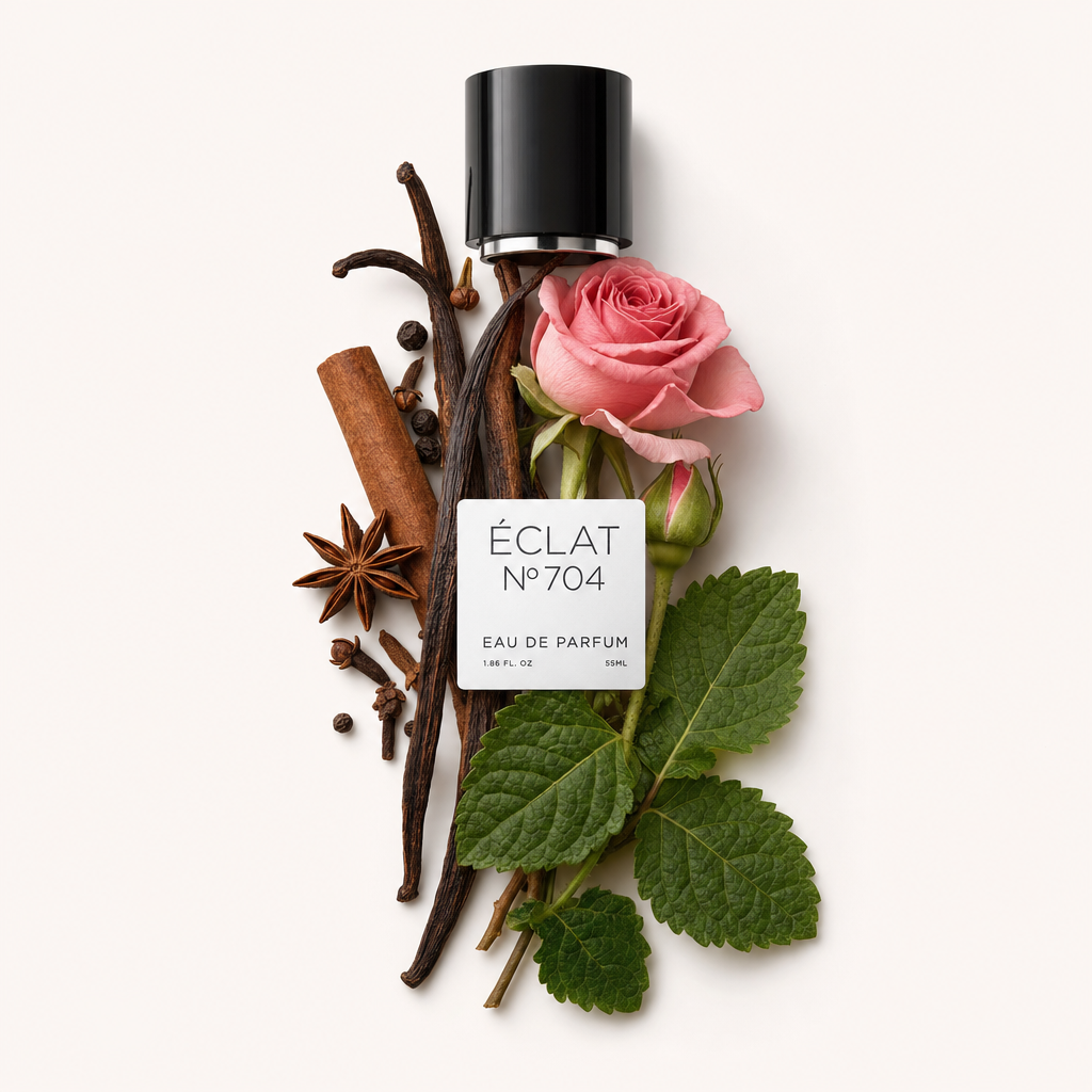 Un arrangement de rose rose, gousses de vanille, bâton de cannelle et anis étoilé autour d'un bouchon noir avec l'étiquette ÉCLAT Ambery Patchouli.