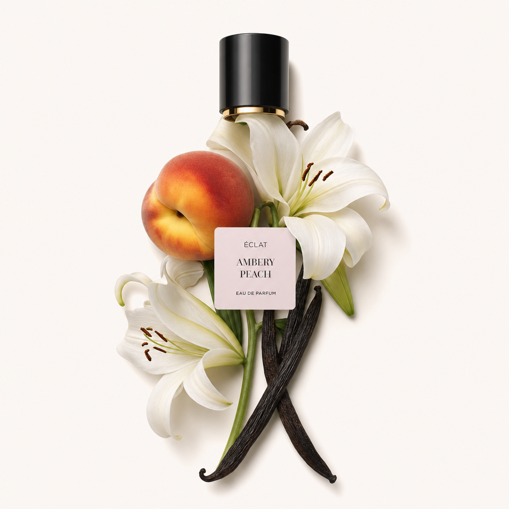 Un capuchon noir avec une étiquette repose sur un arrangement de pêche, de lys blancs et de gousses de vanille, représentant ÉCLAT Ambery Peach.
