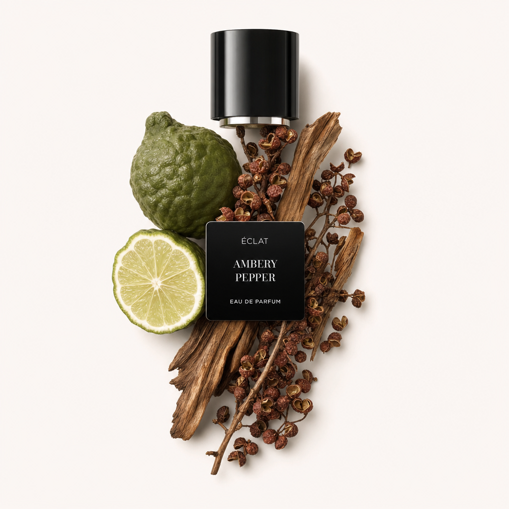 Un arrangement de bergamote, tranche de lime, baies de poivre séchées et notes boisées entourant un capuchon noir ÉCLAT Ambery Pepper avec étiquette.