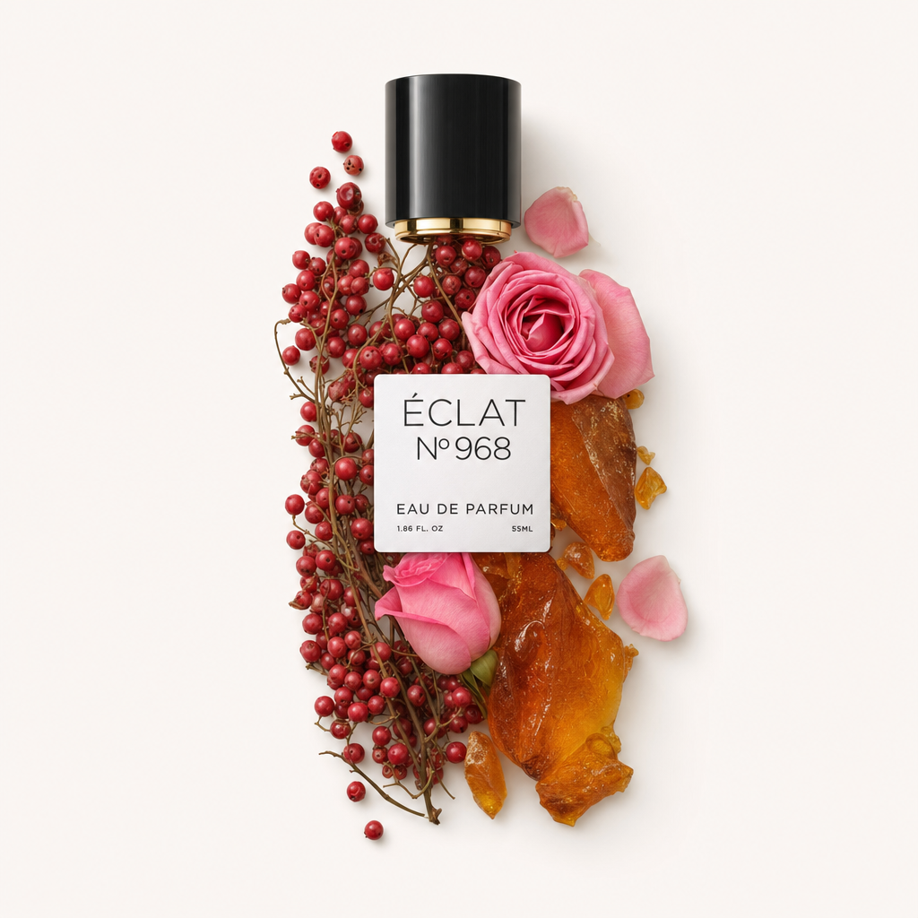 Ett arrangemang av rosa rosenblad, röda bär och bärnsten omger en svart kork med etikett för ÉCLAT Ambery Rose.
