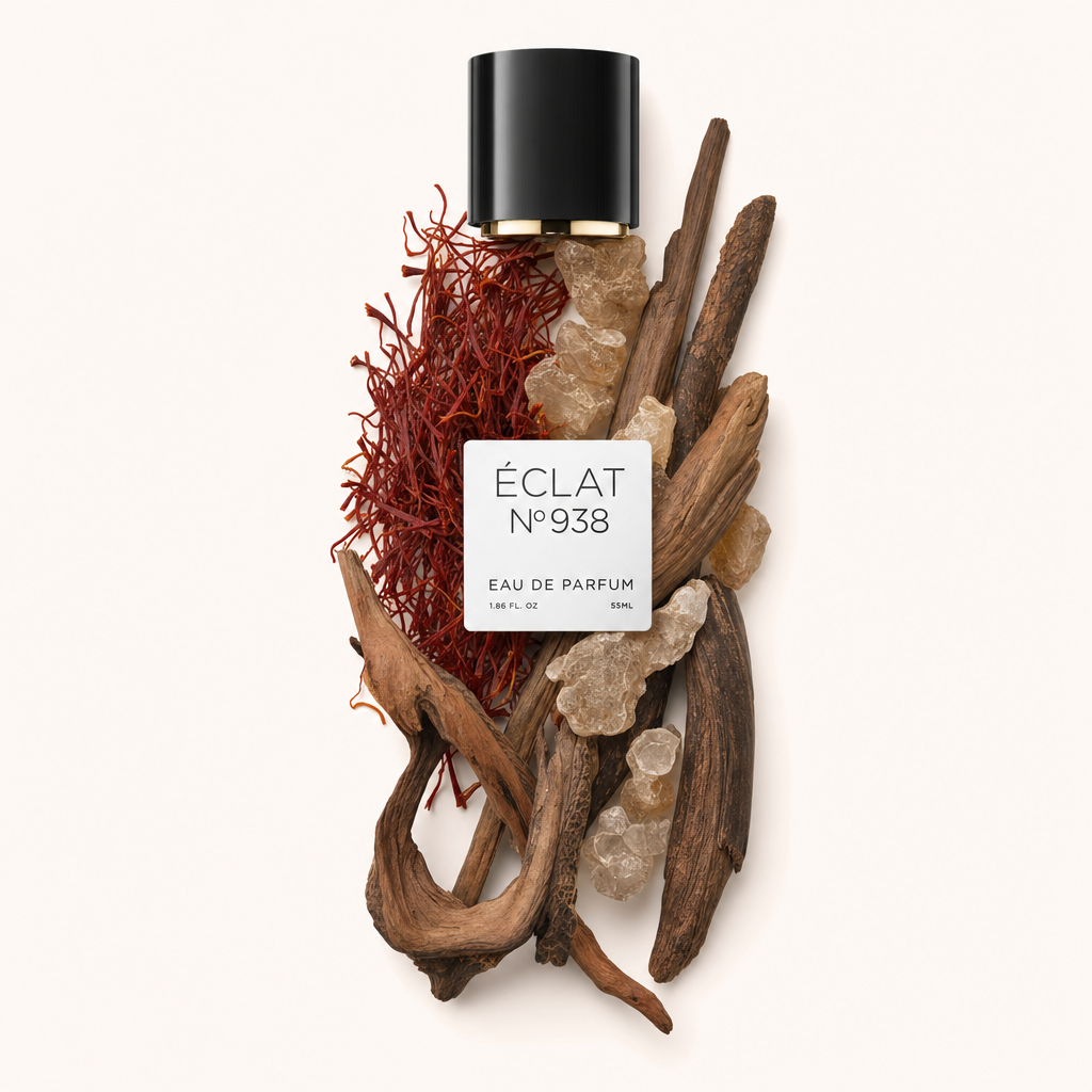 An arrangement of saffron threads, amber-like resin pieces, and woody sticks surrounds a black cap with a label for ÉCLAT Ambery Saffron.