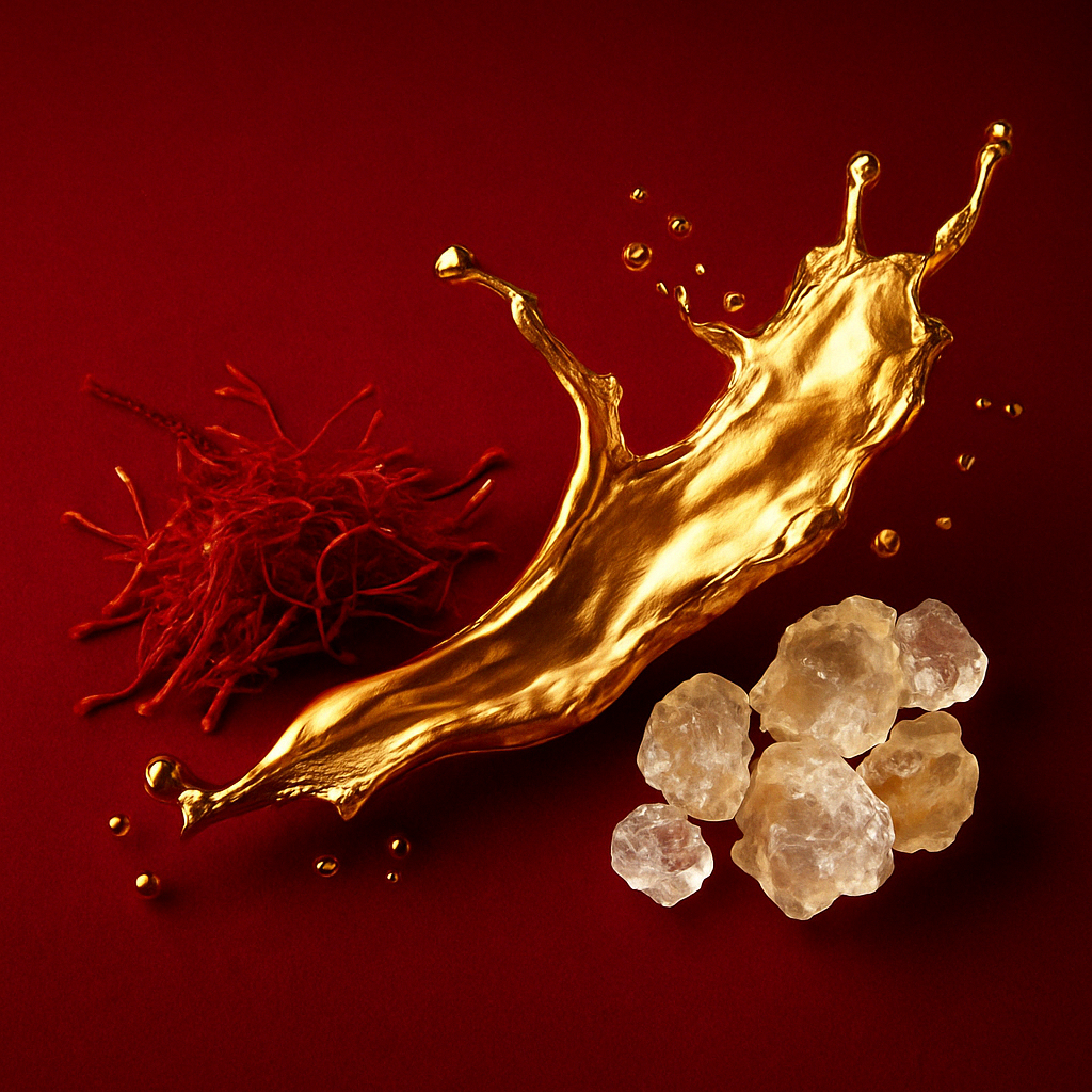 A swirl of gold liquid with saffron threads and crystal-like stones on a deep red background, representing ÉCLAT VIP Ambery Saffron.