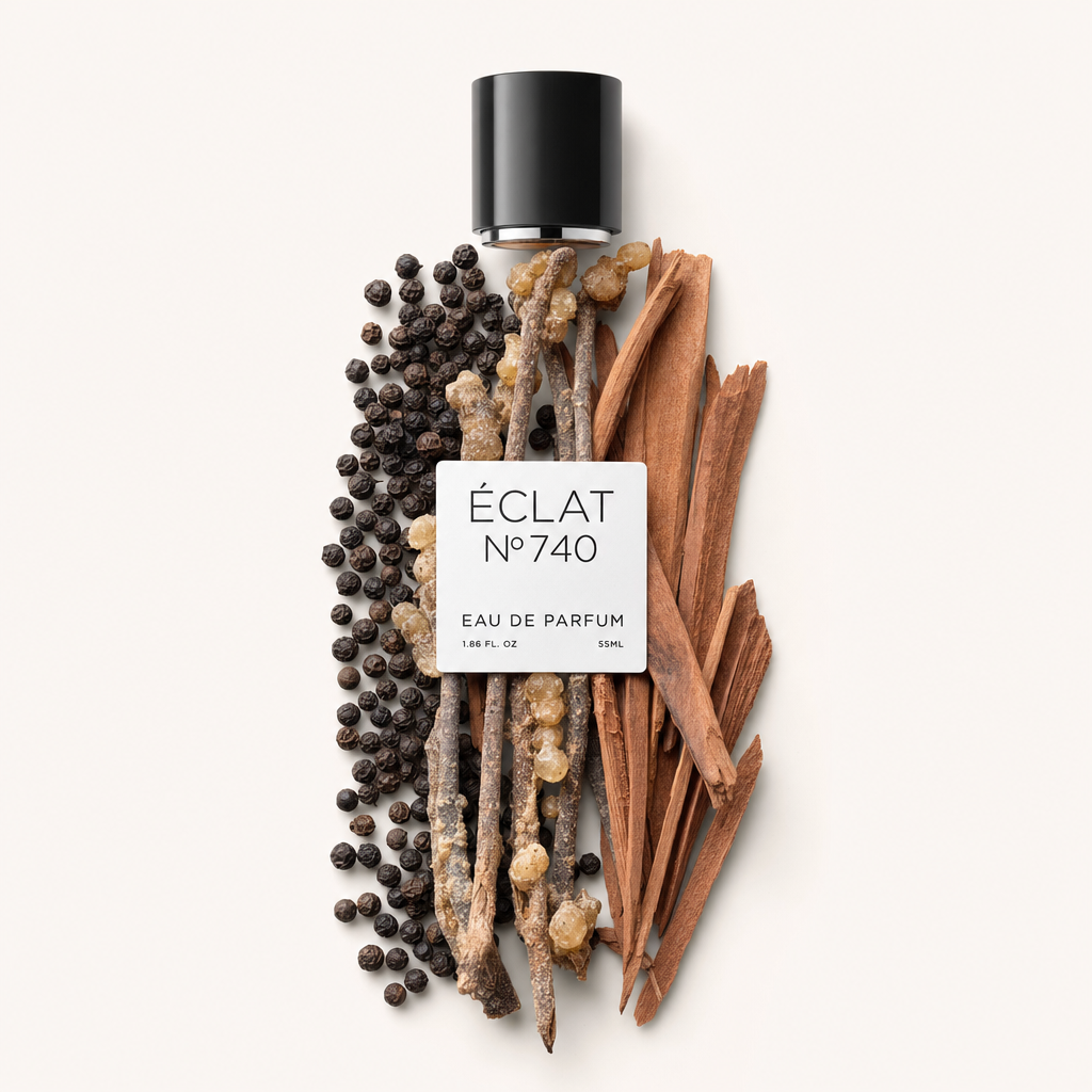 Un agencement de grains de poivre noir, de bâtons de santal et de résine autour d'un capuchon noir avec étiquette ÉCLAT Ambery Sandalwood.