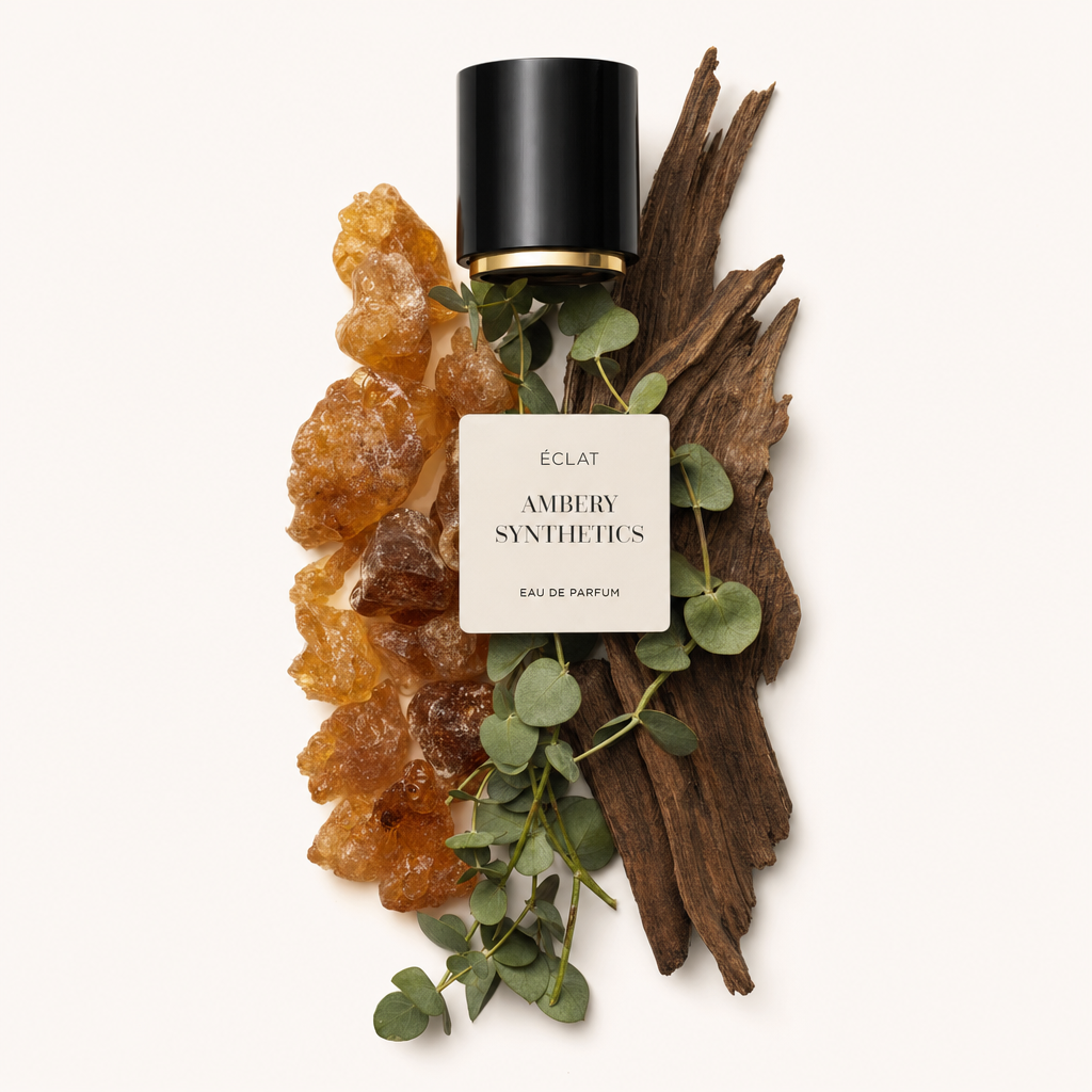 Ingrédients bruts agencés avec art, comprenant des résines ambrées, des feuilles d'eucalyptus et des textures boisées, entourent un bouchon noir avec une étiquette ÉCLAT Ambery Synthetics.