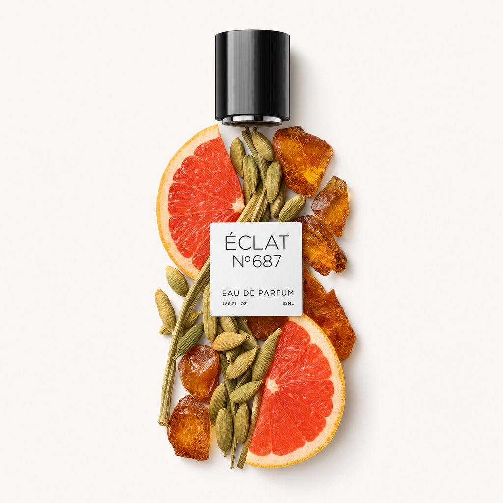 Un arrangement de tranches de pamplemousse, gousses de cardamome et pierres d'ambre entoure un capuchon noir ÉCLAT avec une étiquette.