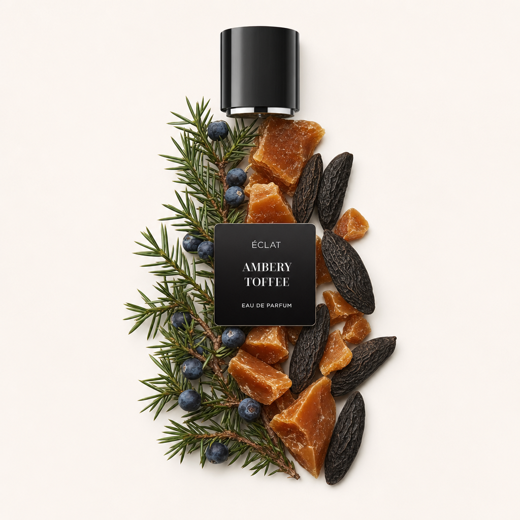 Un arrangement de morceaux de caramel ambré, de fèves tonka et de brindilles de genièvre entoure un capuchon noir ÉCLAT avec une étiquette.