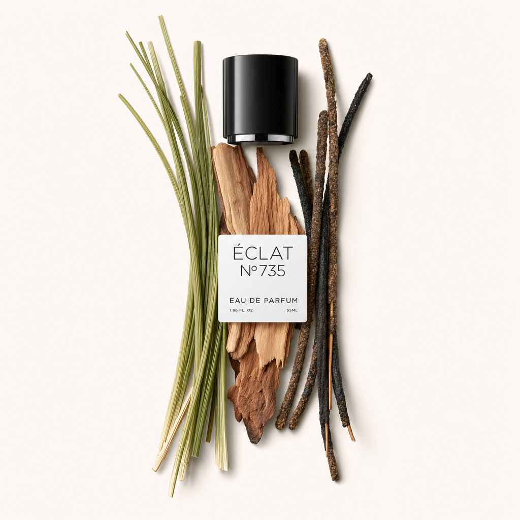 A meticulous still life depicting the fragrance notes of ÉCLAT Ambery Woods, with natural pine needles, bark, and dark woody stems, accompanied by the black cap with label.
