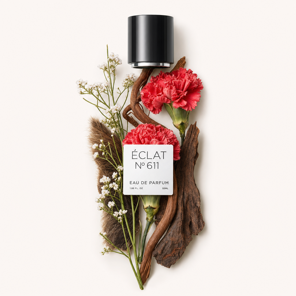 Une composition d'œillets rouges, de délicates fleurs blanches, de bois texturé et de fourrure douce est artistiquement disposée autour du bouchon noir avec l'étiquette ÉCLAT Animalic Carnation.
