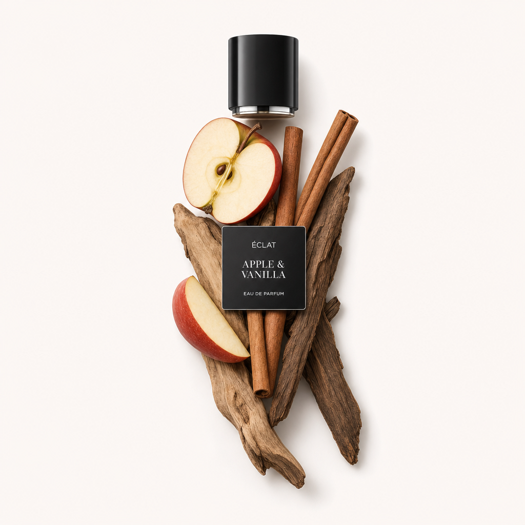 Un arrangement de bâtons de cannelle, tranches de pomme et bois flotté avec un capuchon noir étiqueté ÉCLAT Apple & Vanilla.