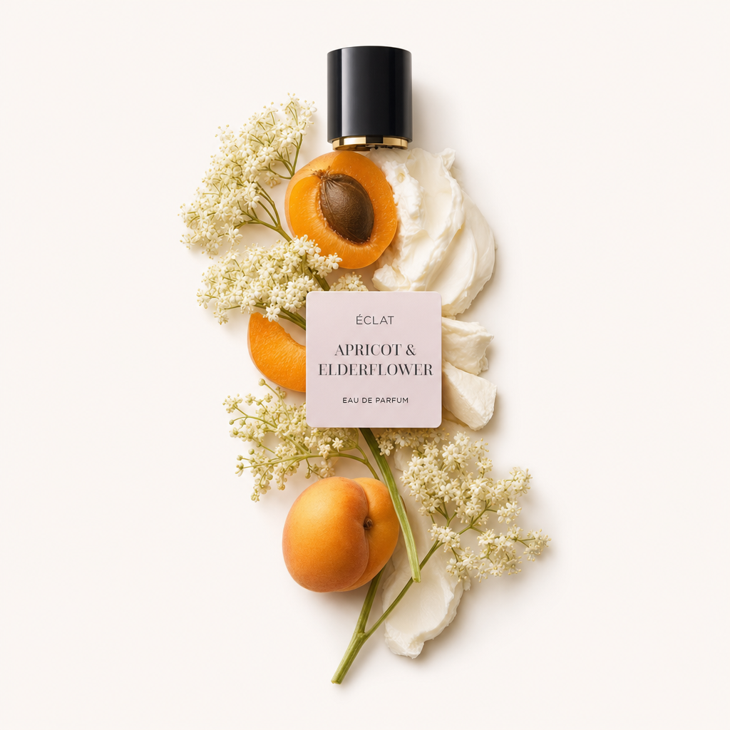 Une composition d'abricots frais, fleurs de sureau et crème douce, accompagnée d'un bouchon noir avec étiquette ÉCLAT Apricot & Elderflower.