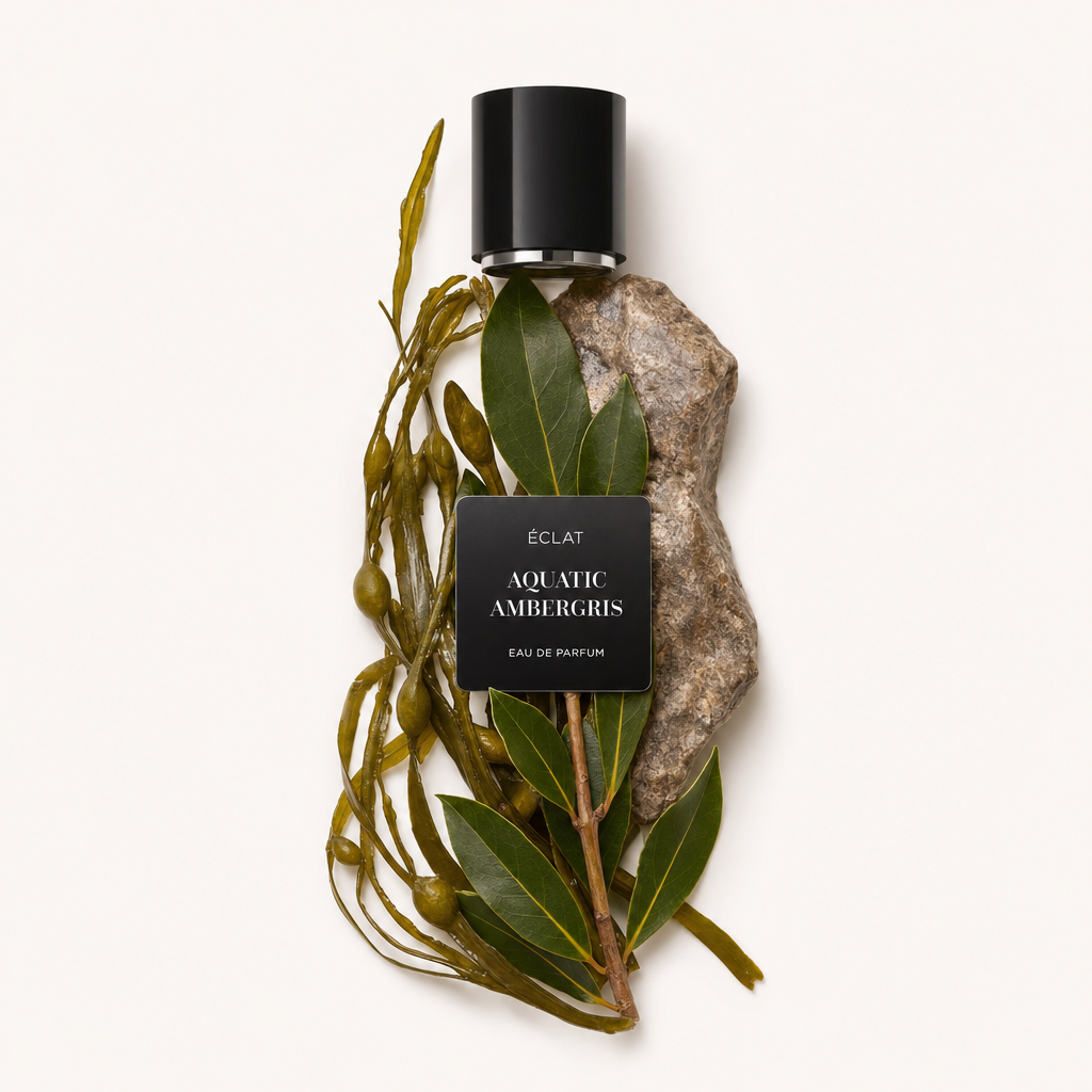 Arrangement de feuilles de laurier, algues et roche texturée avec le capuchon noir et l'étiquette de ÉCLAT Aquatic Ambergris.