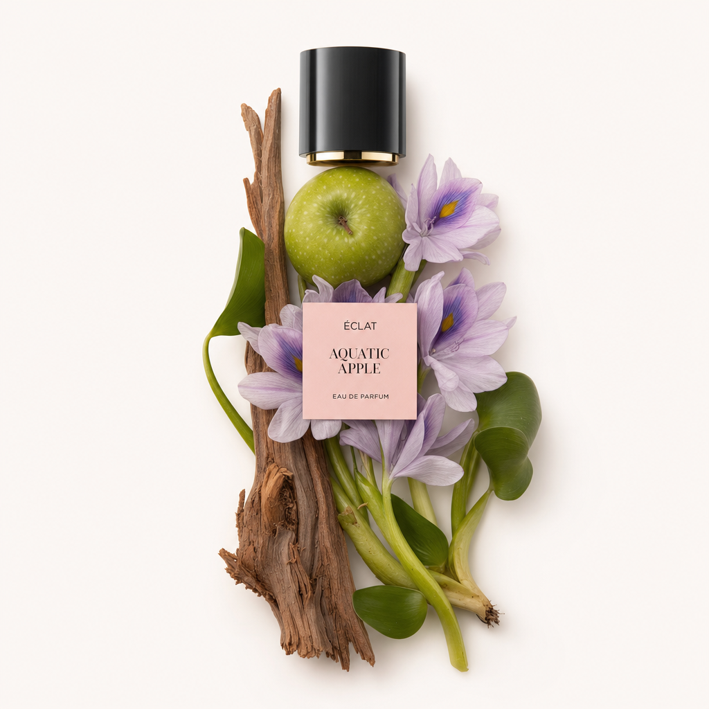 Une composition d'ingrédients pour ÉCLAT Aquatic Apple, avec une pomme verte, des fleurs violettes et du bois, disposés sous un capuchon noir avec une étiquette.