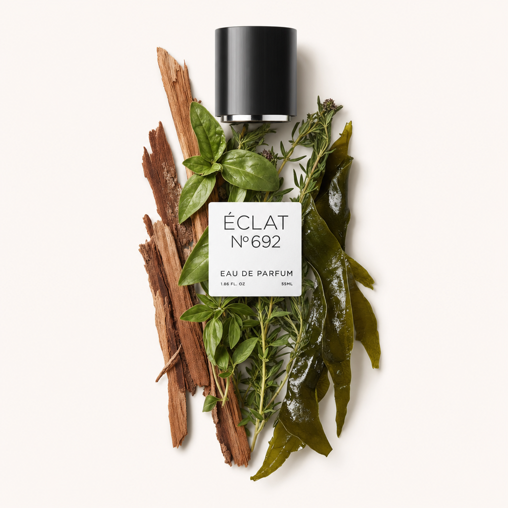 Un arrangement sophistiqué de feuilles de basilic fraîches, d'algues marines et de bâtons de bois entoure le bouchon noir avec une étiquette indiquant ÉCLAT Aquatic Bergamot & Basil.