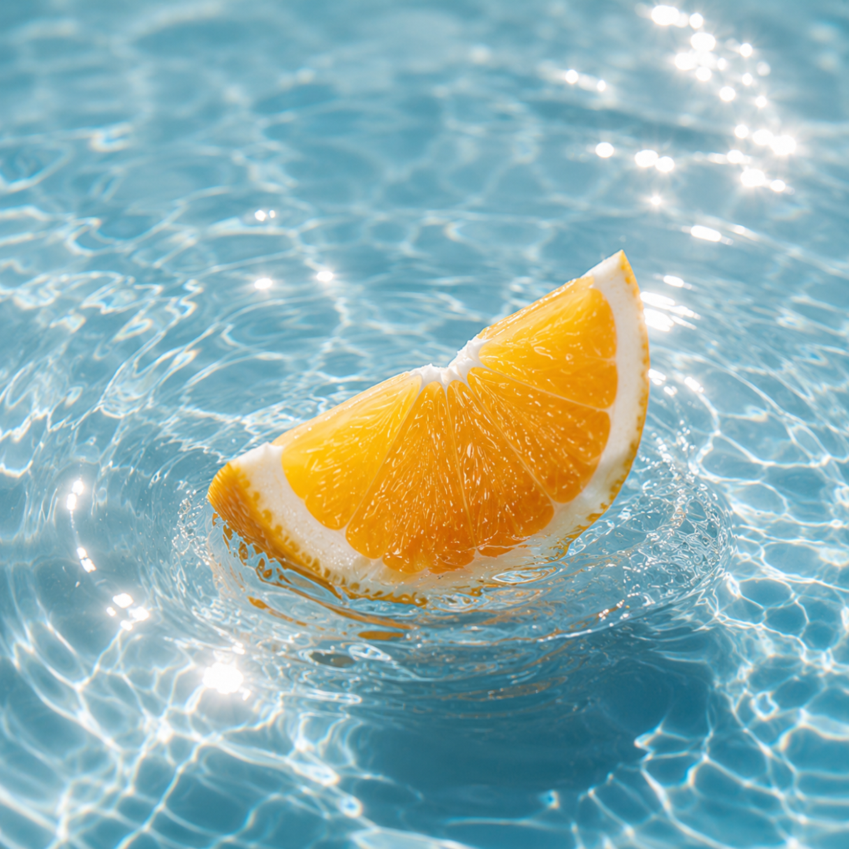 Une tranche d'orange vive flotte dans de l'eau claire et ensoleillée, incarnant l'essence de ÉCLAT Aquatic Citrus Fruits.