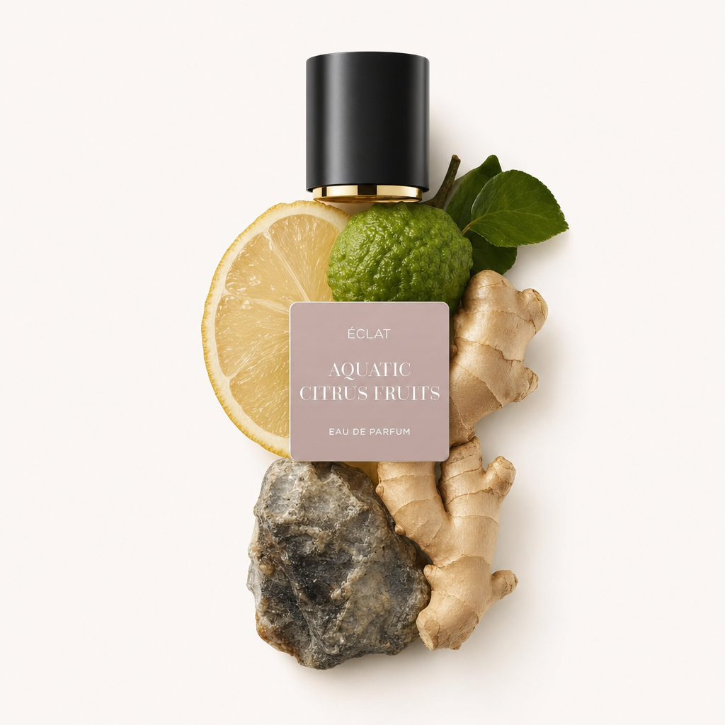 Une nature morte arrangée à la main avec une tranche de citron, bergamote, racine de gingembre et une pierre, à côté d'un capuchon noir ÉCLAT avec un accent doré et une étiquette pour 'Aquatic Citrus Fruits'.