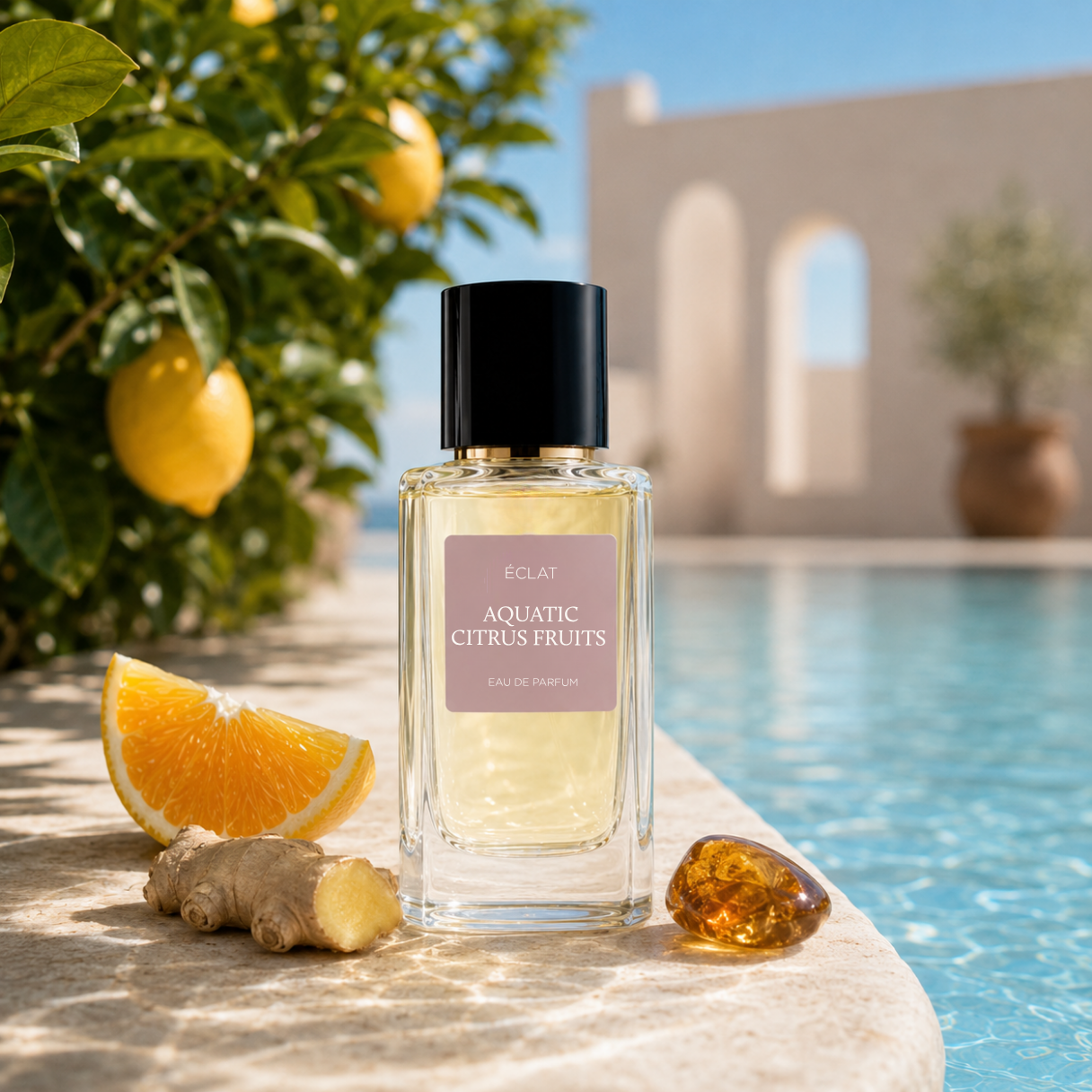 Le parfum ÉCLAT Aquatic Citrus Fruits dans un flacon en verre facetté avec un bouchon noir, posé à côté de fruits d'agrumes et de gingembre près d'une piscine.