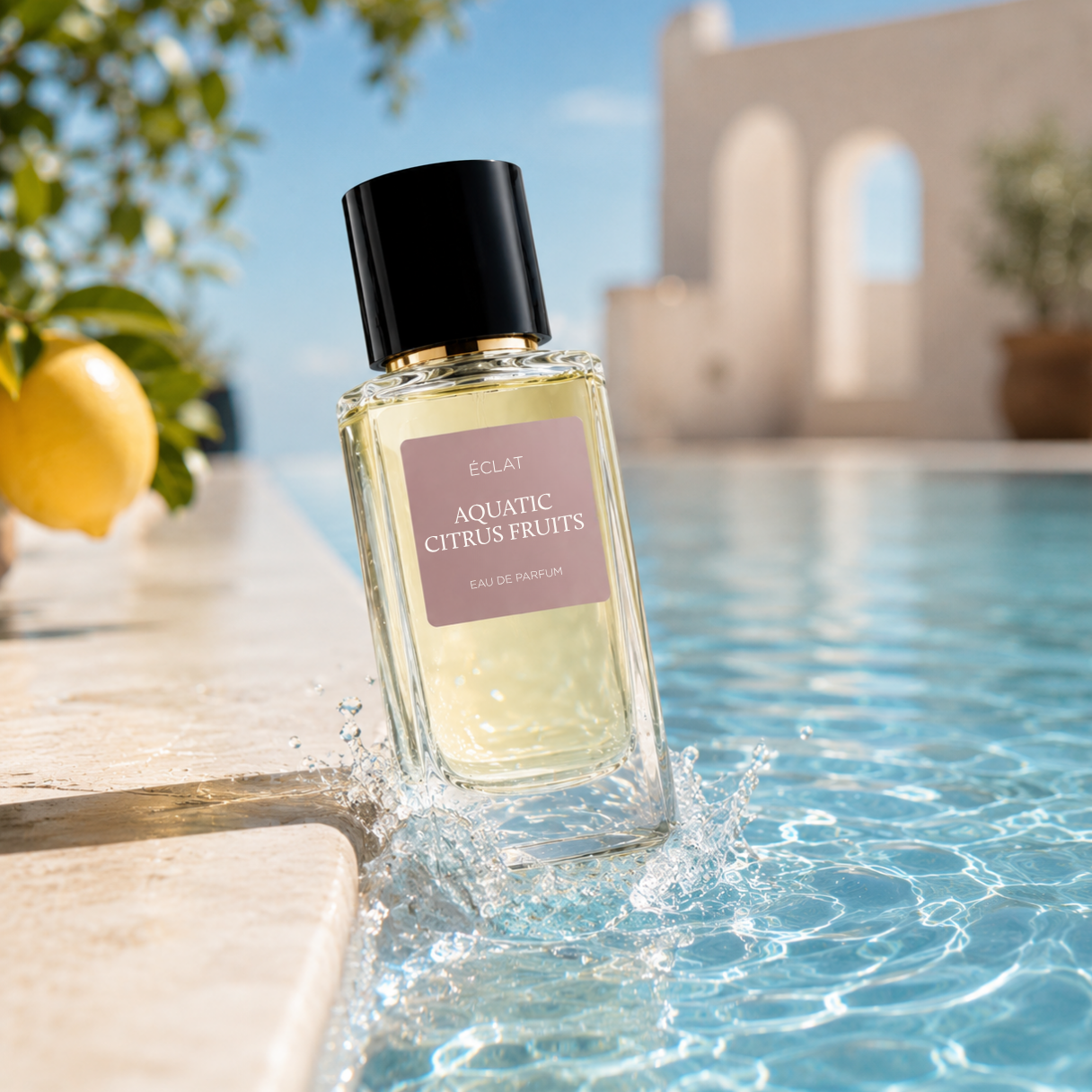 Un flacon en verre facetté de ÉCLAT Aquatic Citrus Fruits avec un bouchon noir, éclaboussant dans l'eau claire de la piscine à côté d'un citronnier.