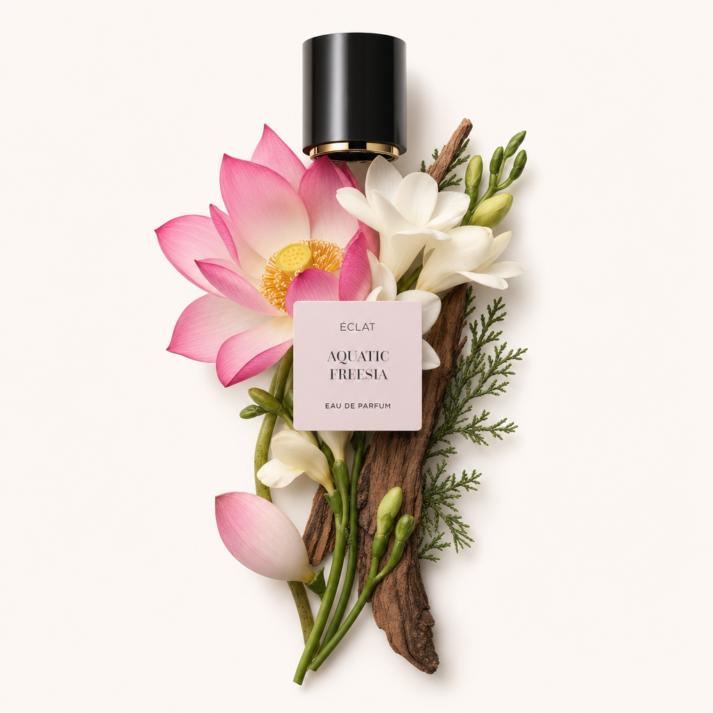Un arrangement de fleurs de lotus, fleurs de freesia et branches de cyprès entoure un capuchon noir avec un accent doré, portant l'étiquette d'ÉCLAT Aquatic Freesia.