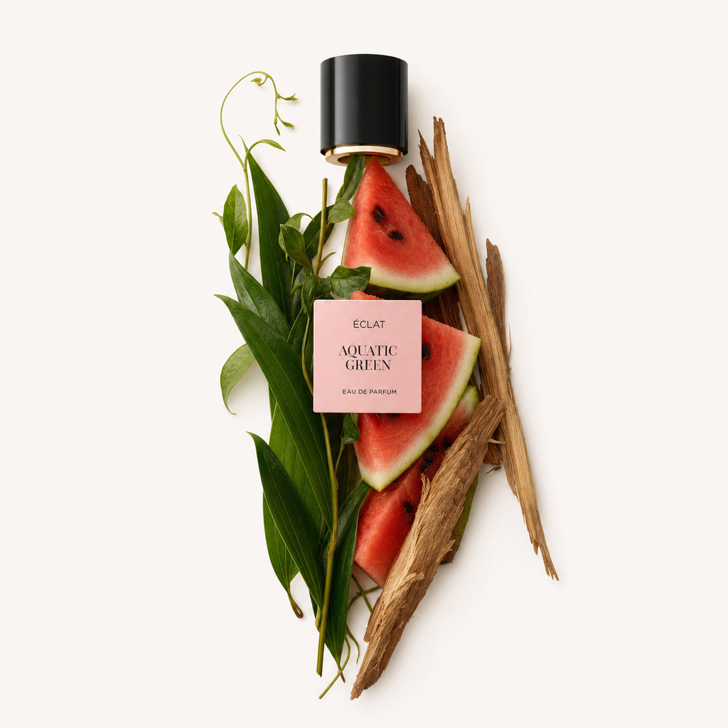 Arrangement de tranches de pastèque fraîches, feuilles vertes luxuriantes et tiges boisées avec étiquette ÉCLAT Aquatic Green; surmonté d'un bouchon noir.