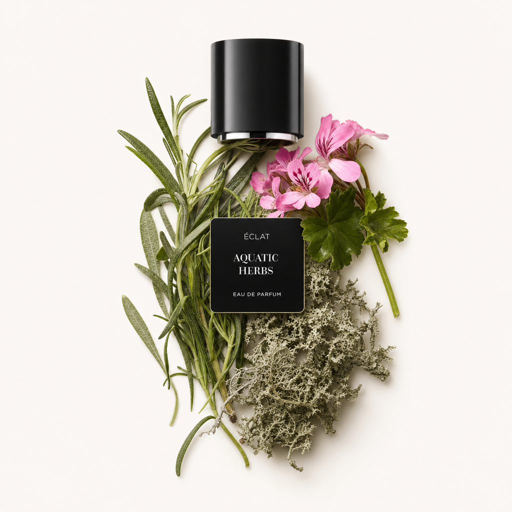 Un arrangement d'herbes fraîches et de fleurs roses entoure l'étiquette ÉCLAT Aquatic Herbs, surmonté d'un capuchon noir.
