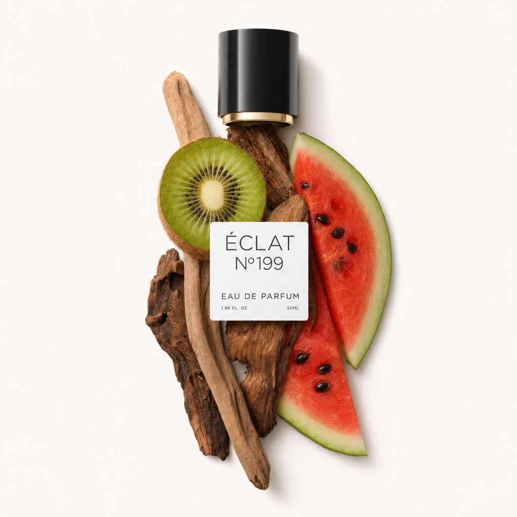 Un arrangement de tranche de kiwi frais, quartier de pastèque et bâtons de bois avec un capuchon noir portant une étiquette ÉCLAT.