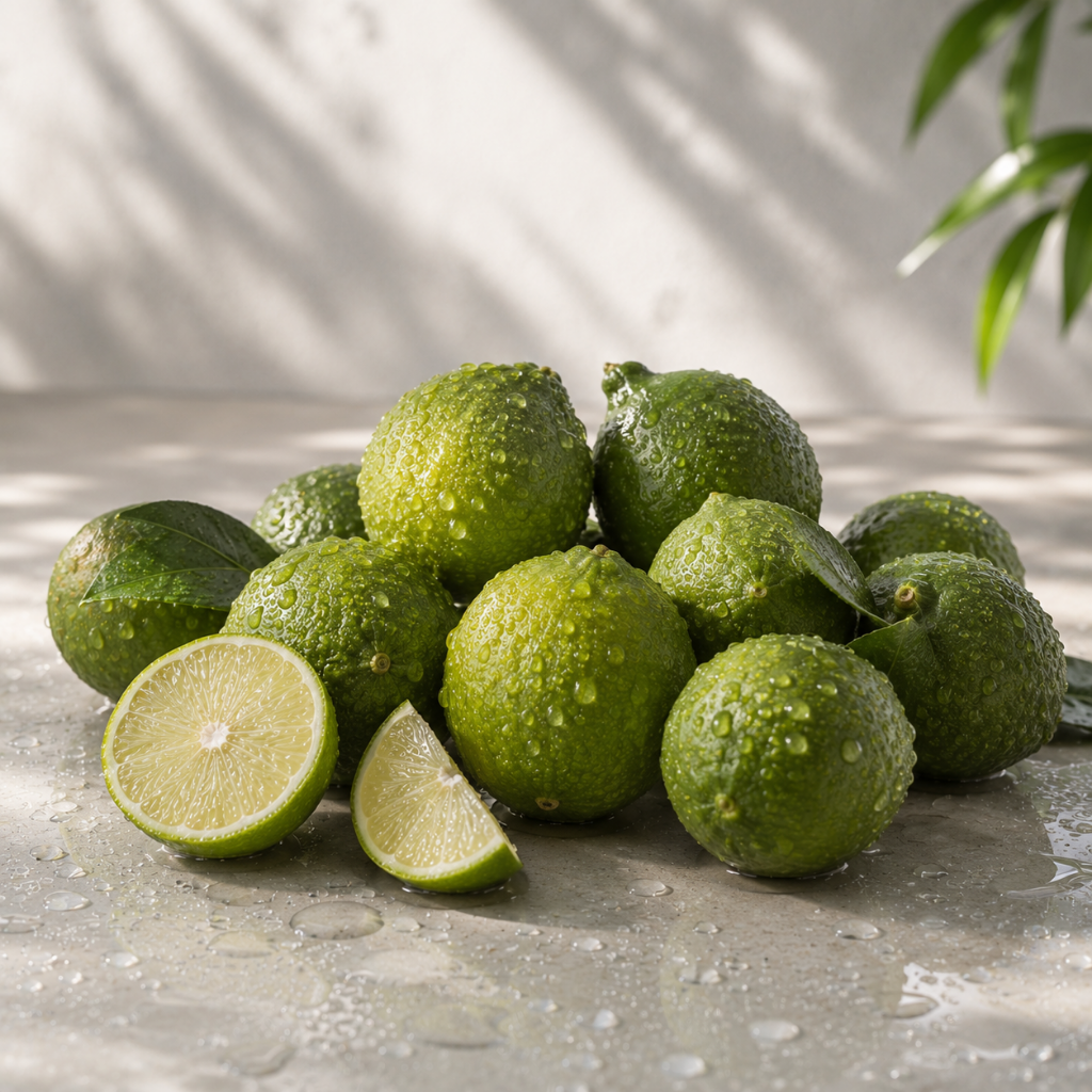 A collection of fresh, dew-covered limes on a stone surface, with one lime cut open.
