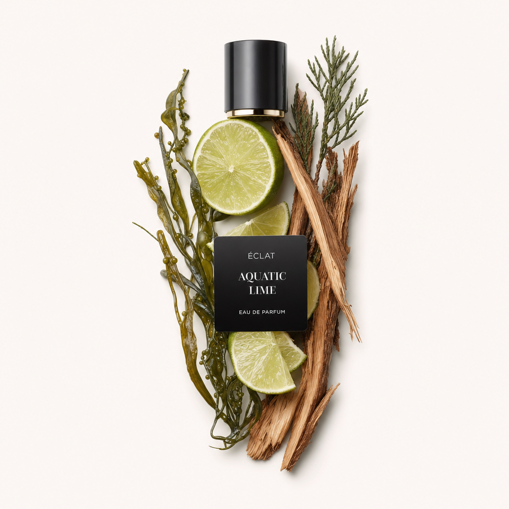 Un agencement de tranches de citron vert frais, d'algues et de bois flotté entoure un bouchon noir à bord doré, étiqueté 'ÉCLAT Aquatic Lime'.