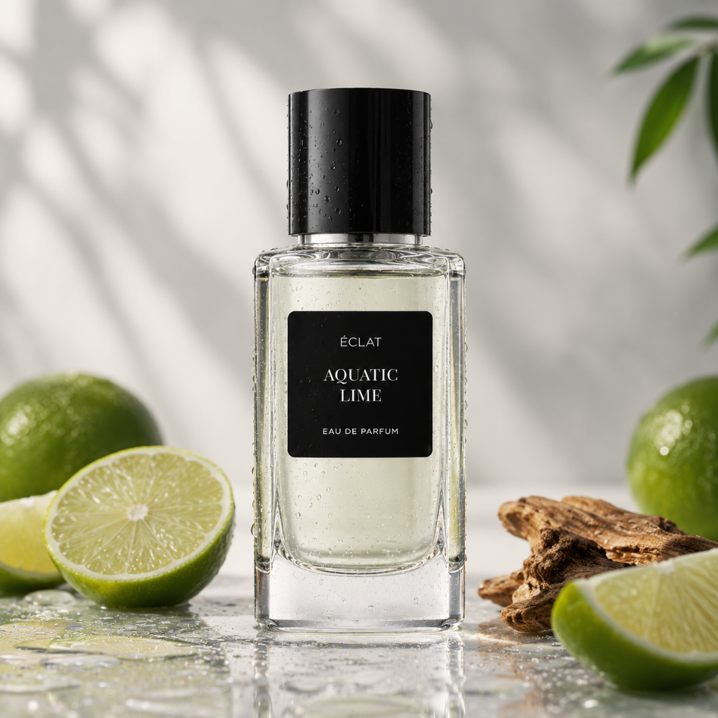 Faceted glass bottle of ÉCLAT Aquatic Lime with a sleek black cap, set among fresh lime slices and natural wood accents.