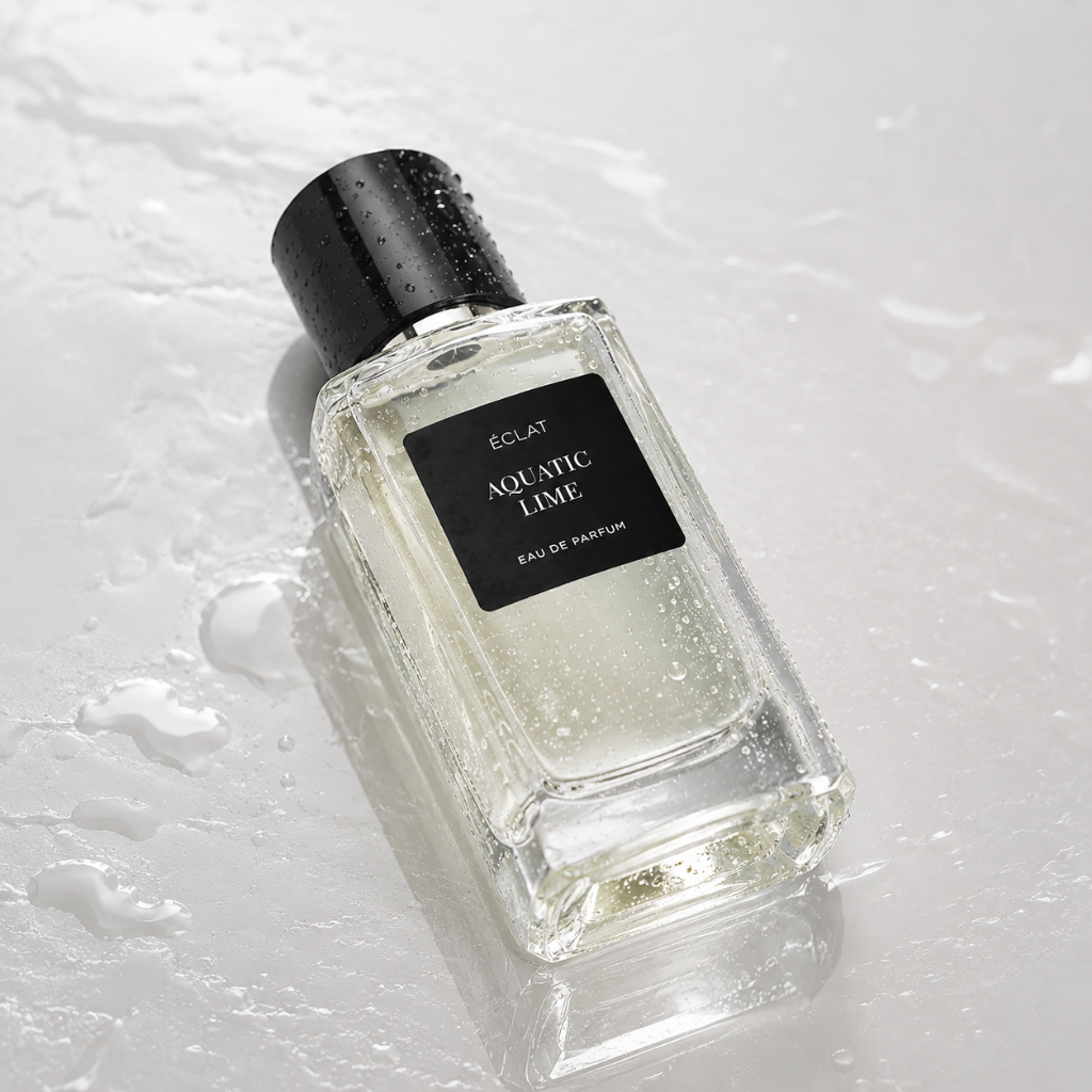 ÉCLAT Aquatic Lime in a faceted glass flacon with a black cap, resting on a wet surface.