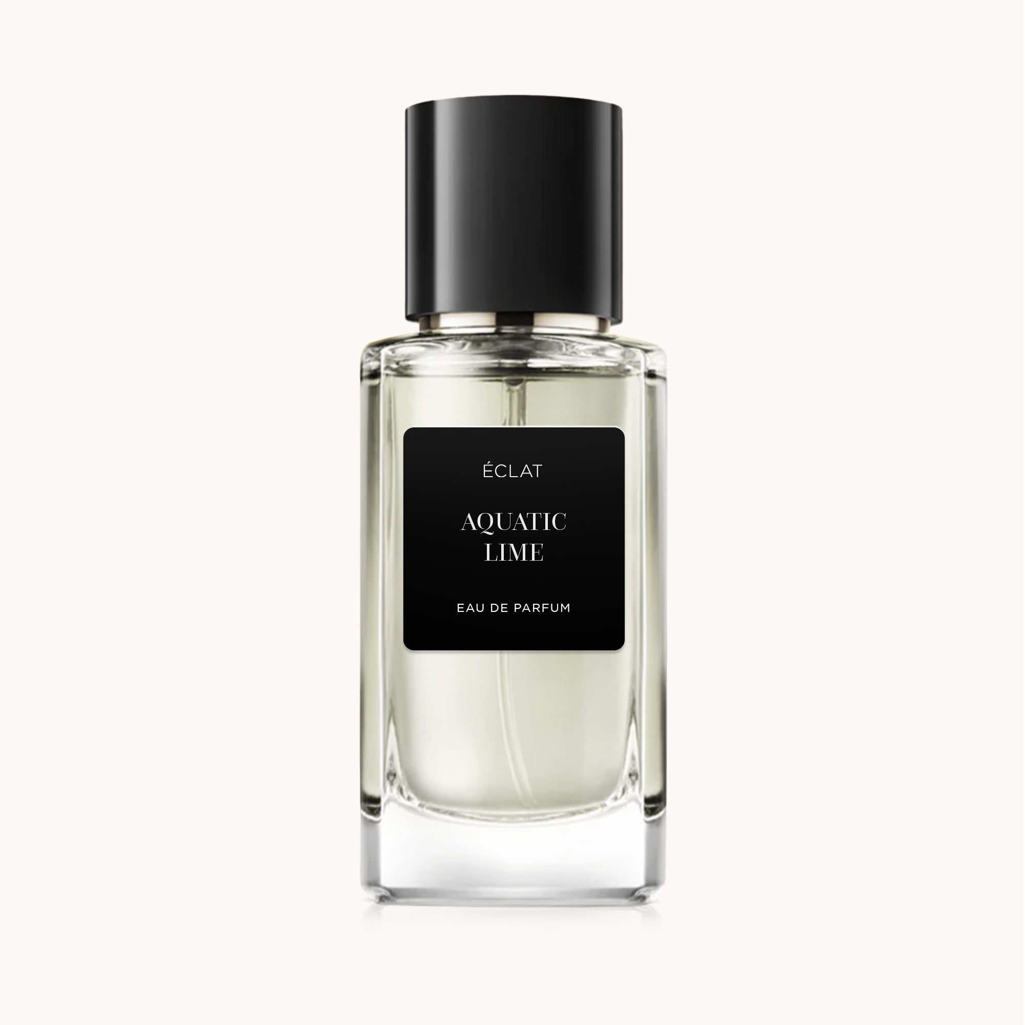 ÉCLAT Aquatic Lime in a clear, faceted glass bottle with a black cap and a matching black label.