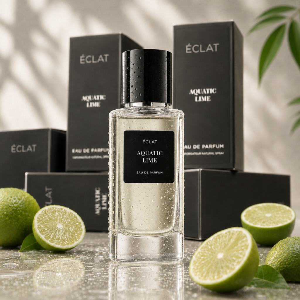 The ÉCLAT Aquatic Lime fragrance is presented in a clear glass bottle with a black cap, surrounded by fresh lime halves and elegant black packaging.