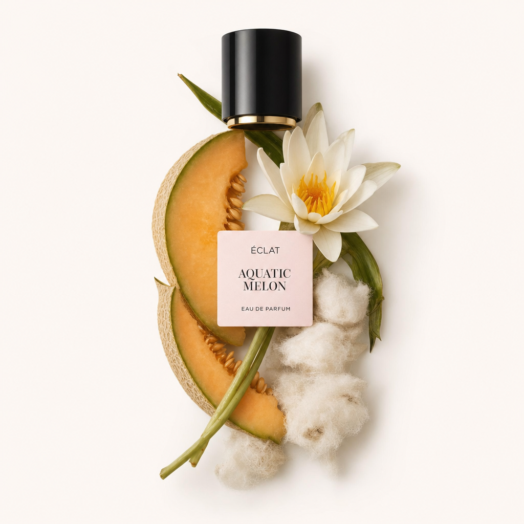 Un arrangement harmonieux de tranches de melon, un nénuphar blanc et du coton doux, avec le capuchon ÉCLAT Aquatic Melon placé au-dessus.