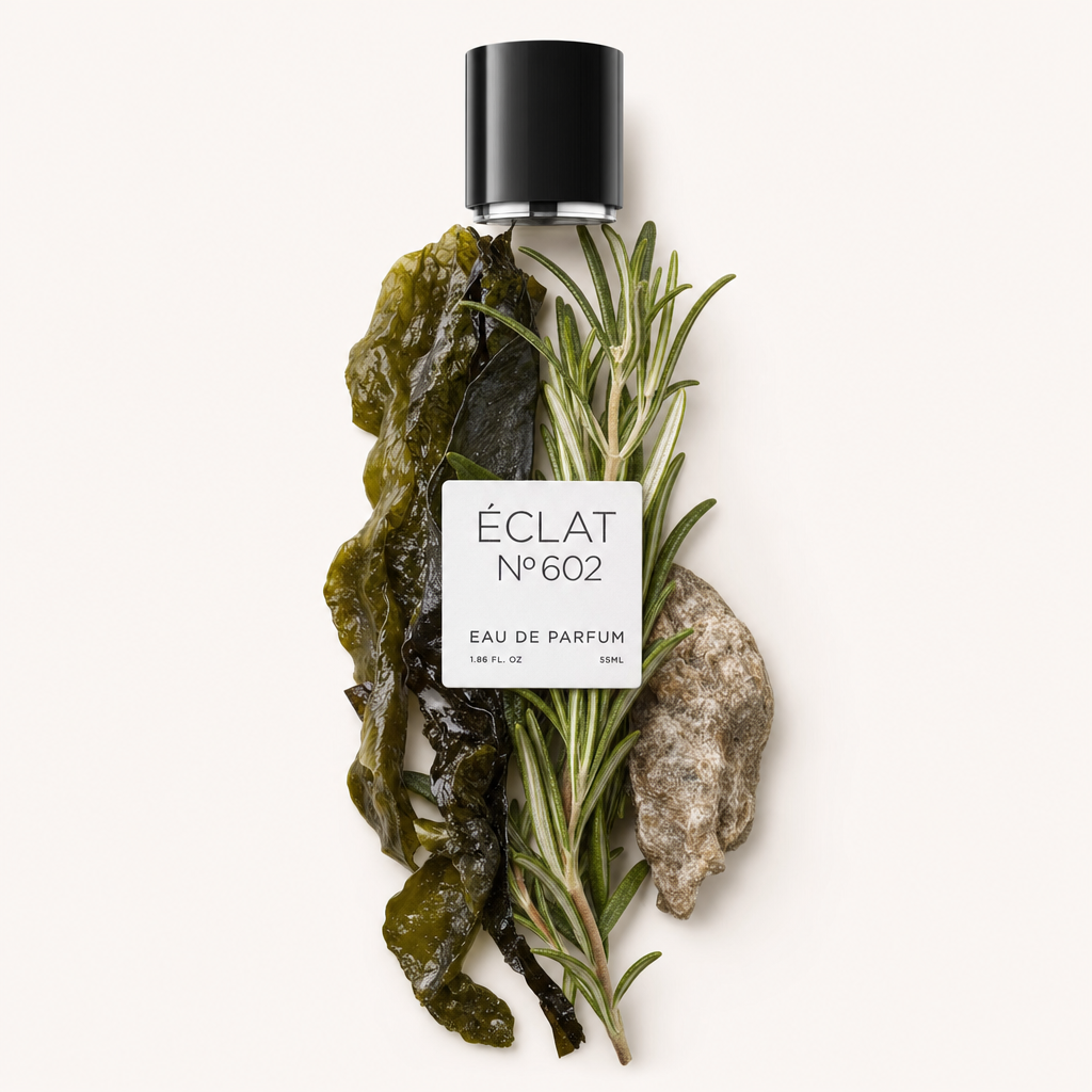 Un arrangement d'algues, de romarin et de pierre à côté du capuchon noir original ÉCLAT avec étiquette.