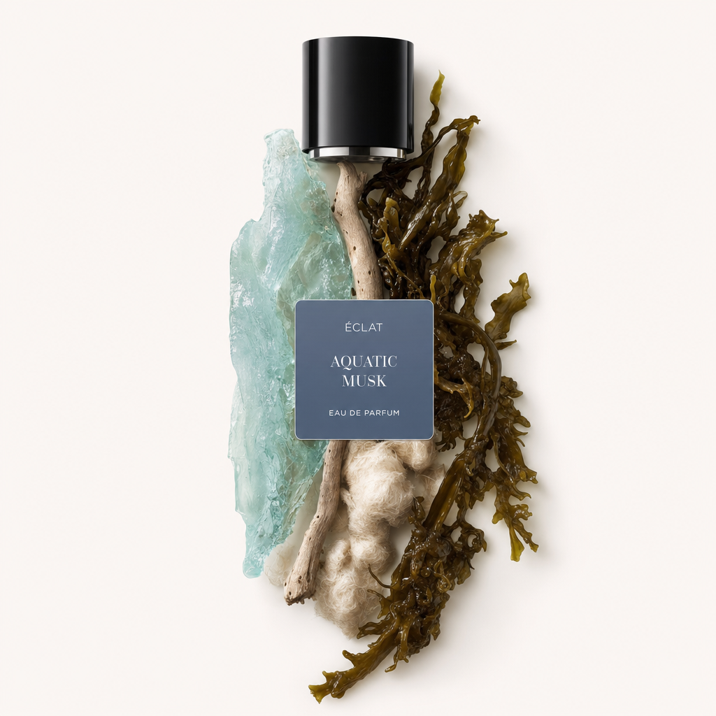 An arrangement of aquamarine crystal, driftwood, and seaweed is elegantly composed beneath a black cap labeled ÉCLAT Aquatic Musk.