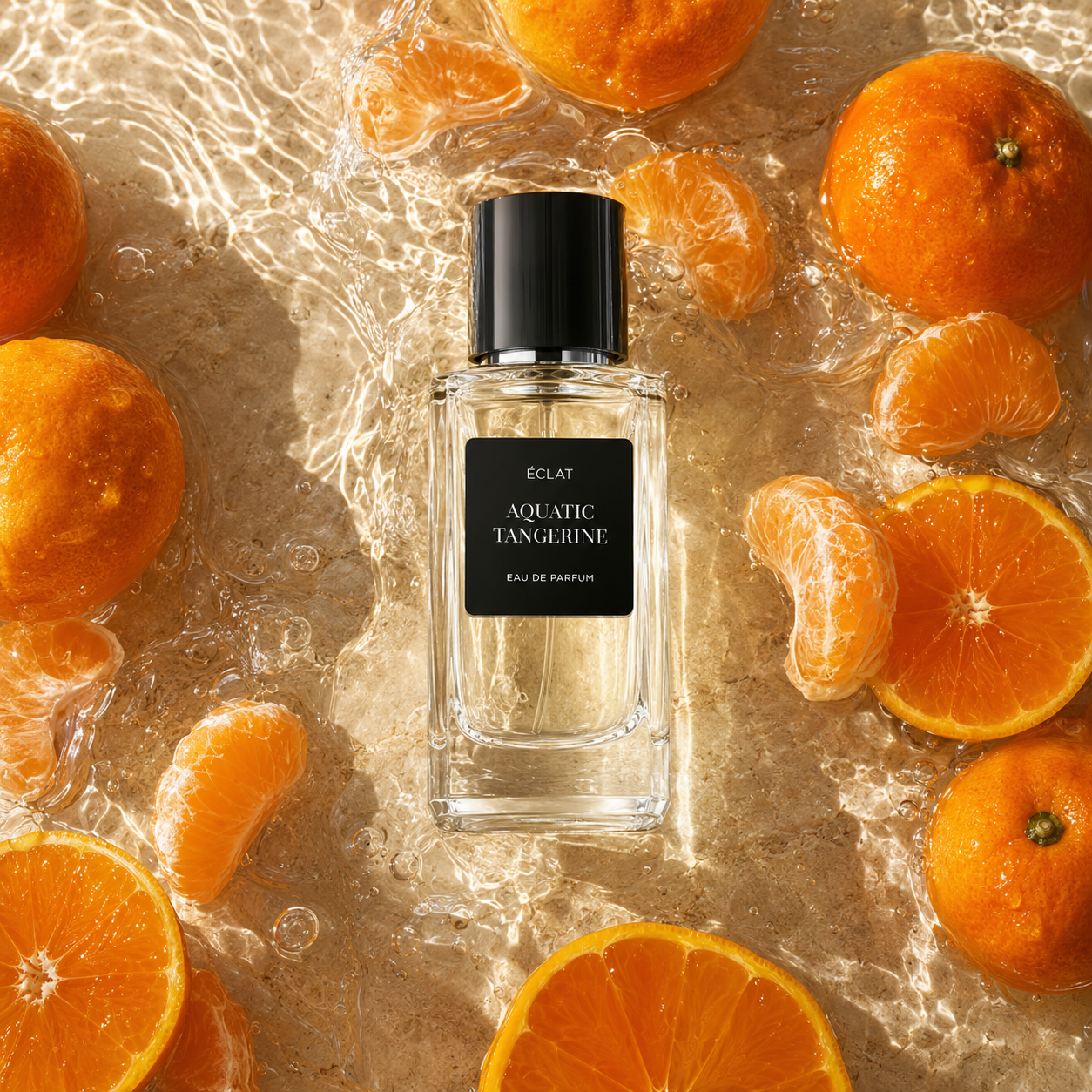 Ένα φιαλίδιο από γυαλί με έδρες του ÉCLAT Aquatic Tangerine Eau de Parfum περιβάλλεται από φρέσκες μανταρίνες και φέτες σε μια λαμπυρίζουσα υδάτινη επιφάνεια.