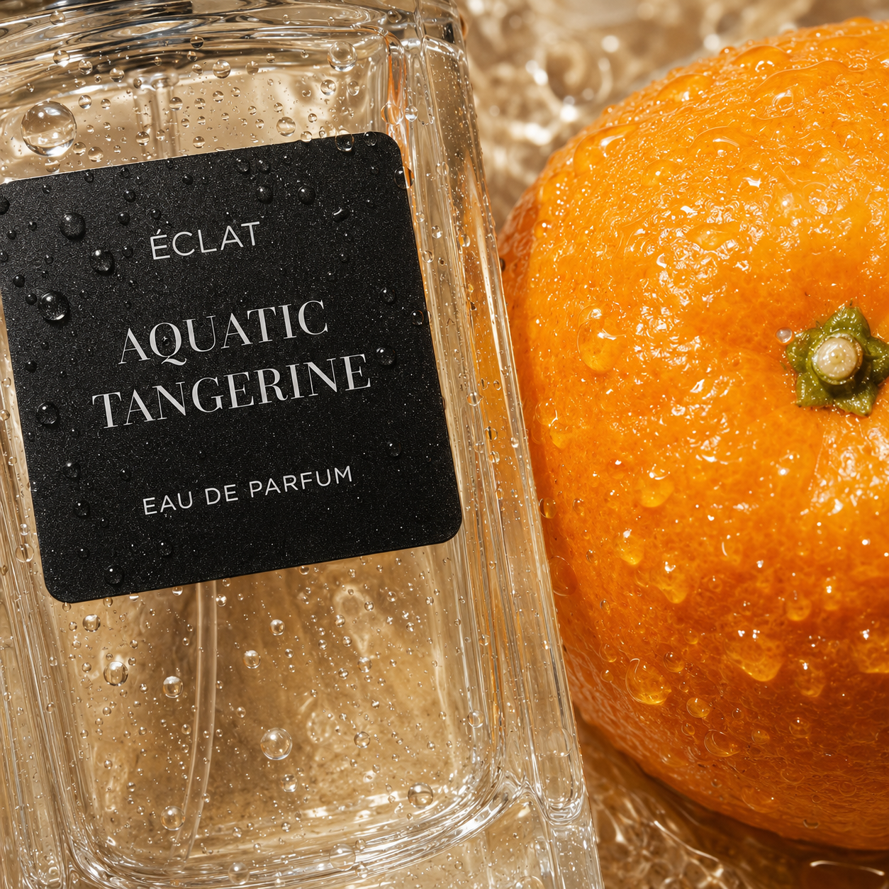 Φιαλίδιο από γυαλί με κοψίματα ÉCLAT Aquatic Tangerine με μαύρη ετικέτα δίπλα σε φρέσκο μανταρίνι, διακοσμημένο με σταγόνες νερού.