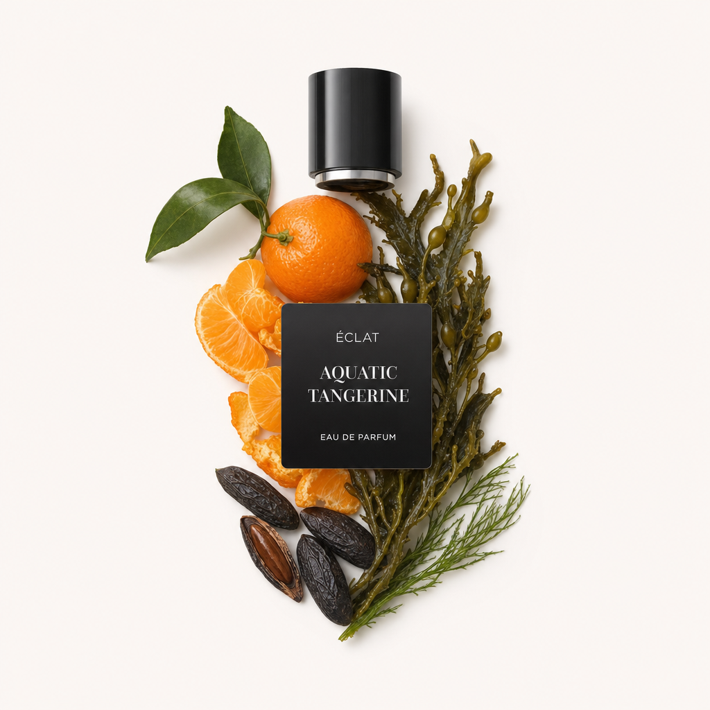 Une nature morte soigneusement agencée des ingrédients du parfum ÉCLAT Aquatic Tangerine, avec des mandarines fraîches, des algues et des fèves tonka, surmontées d'un capuchon noir avec étiquette.